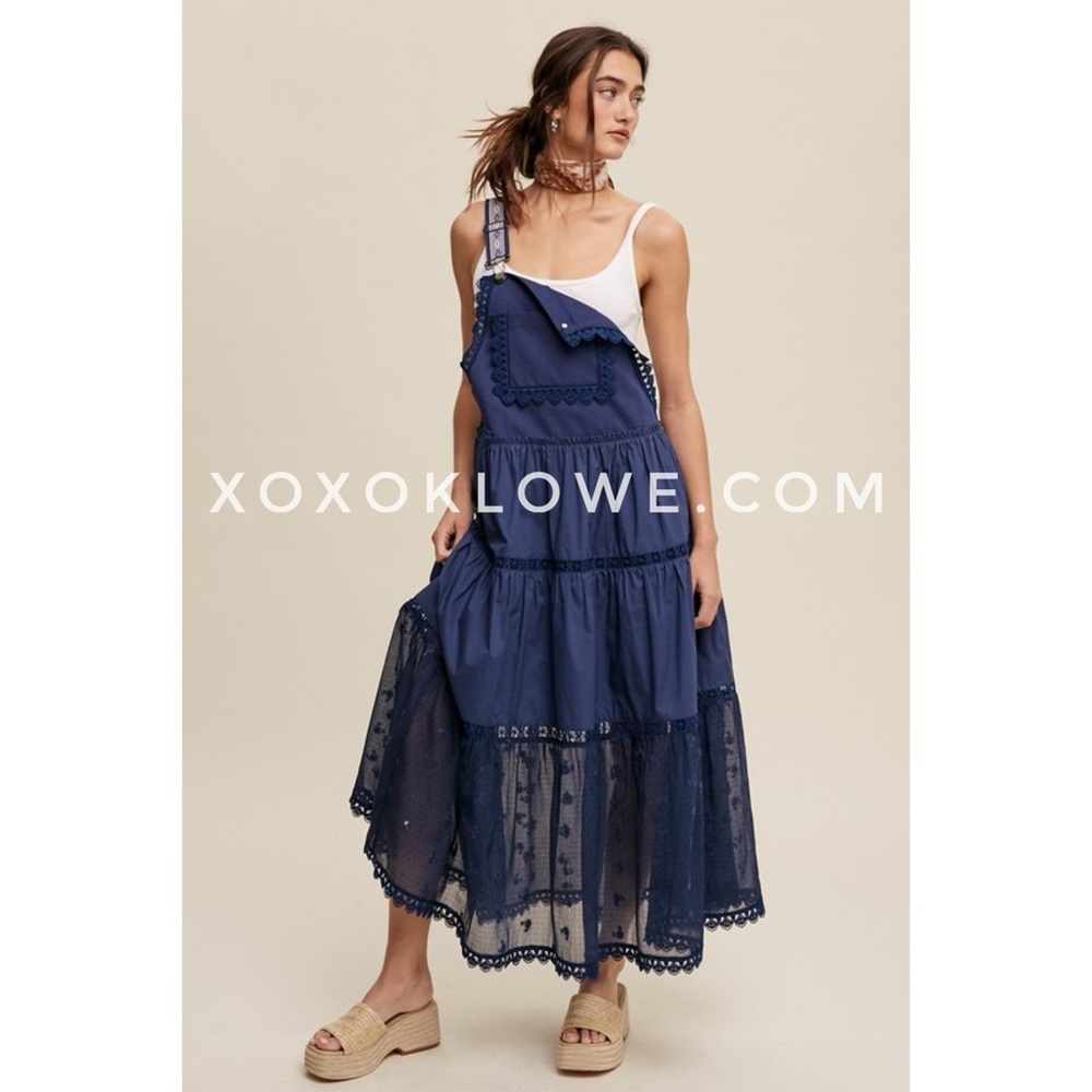 Listicle Navy Blue Lace + Embroidered Tiered Overall Dress | Trails End Skirtall - Picture 7 of 12